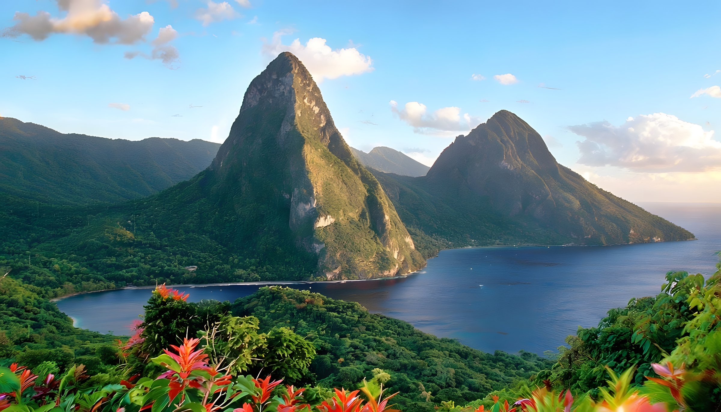 The Pitons rising over the sea in the Caribbean