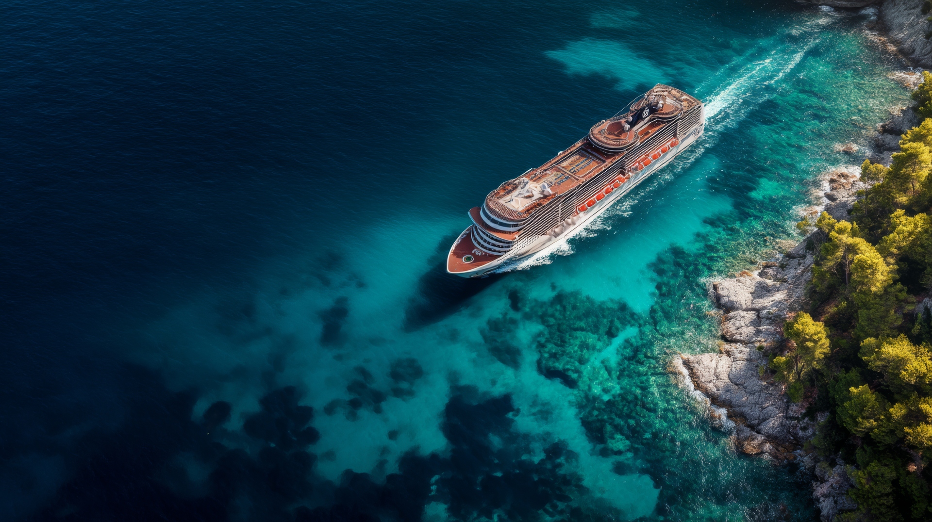 A large ocean cruise ship gliding through blue water