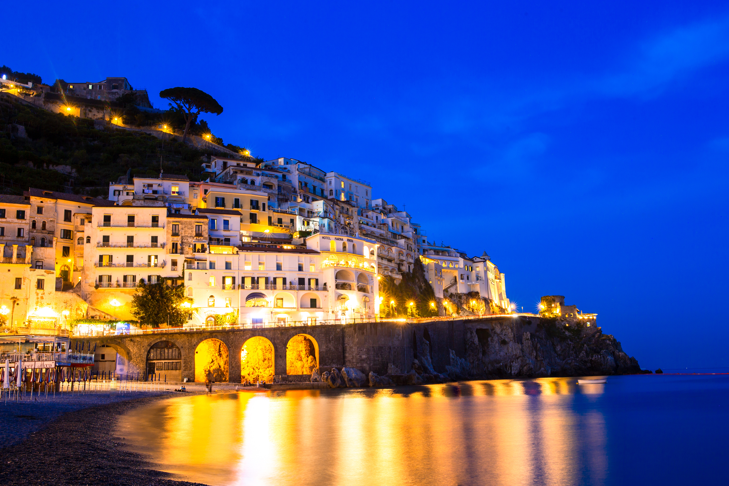 The pastel cliffside villages of the Amalfi Coast above the Mediterranean