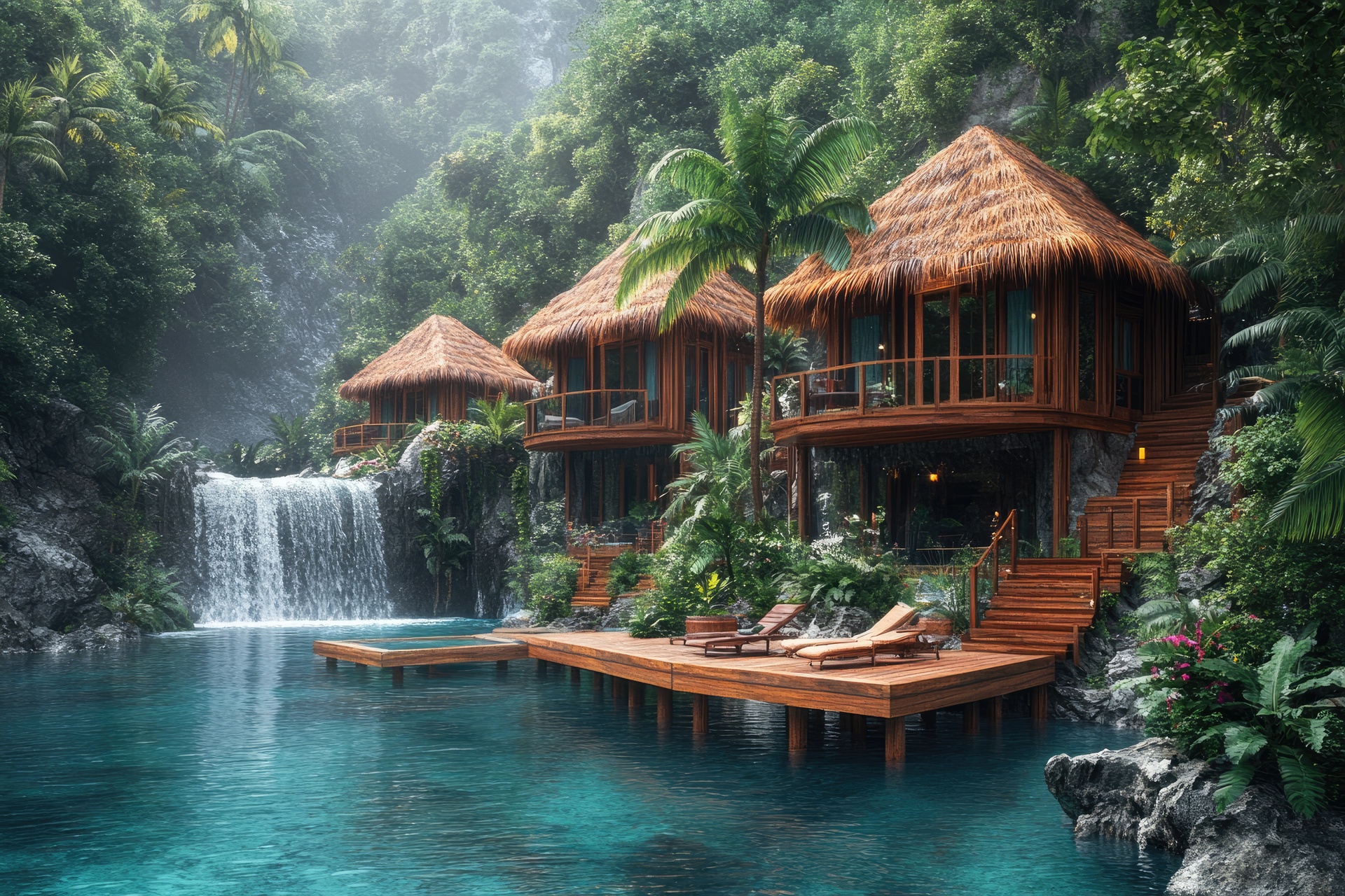 A luxurious tropical resort with villas and a waterfall
