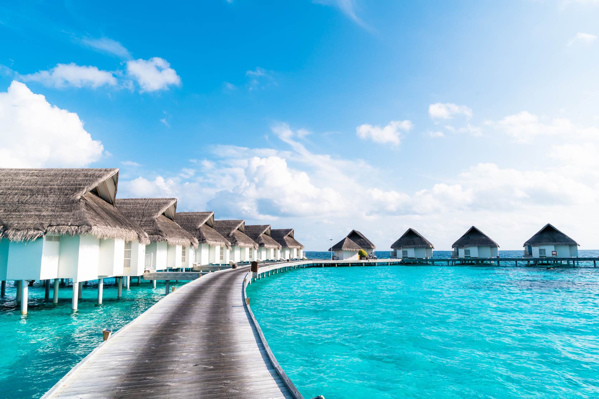 Overwater villas at a resort island in the Maldives